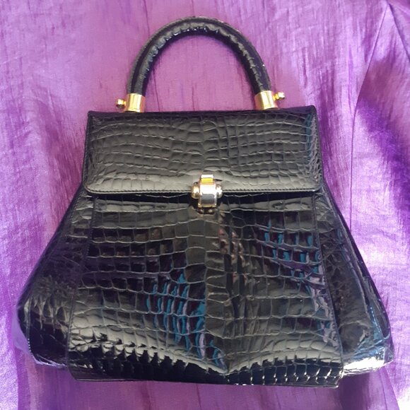 Vintage Faux Alligator Patent Black Evening Bag Purse Made in Italy - Picture 1 of 16